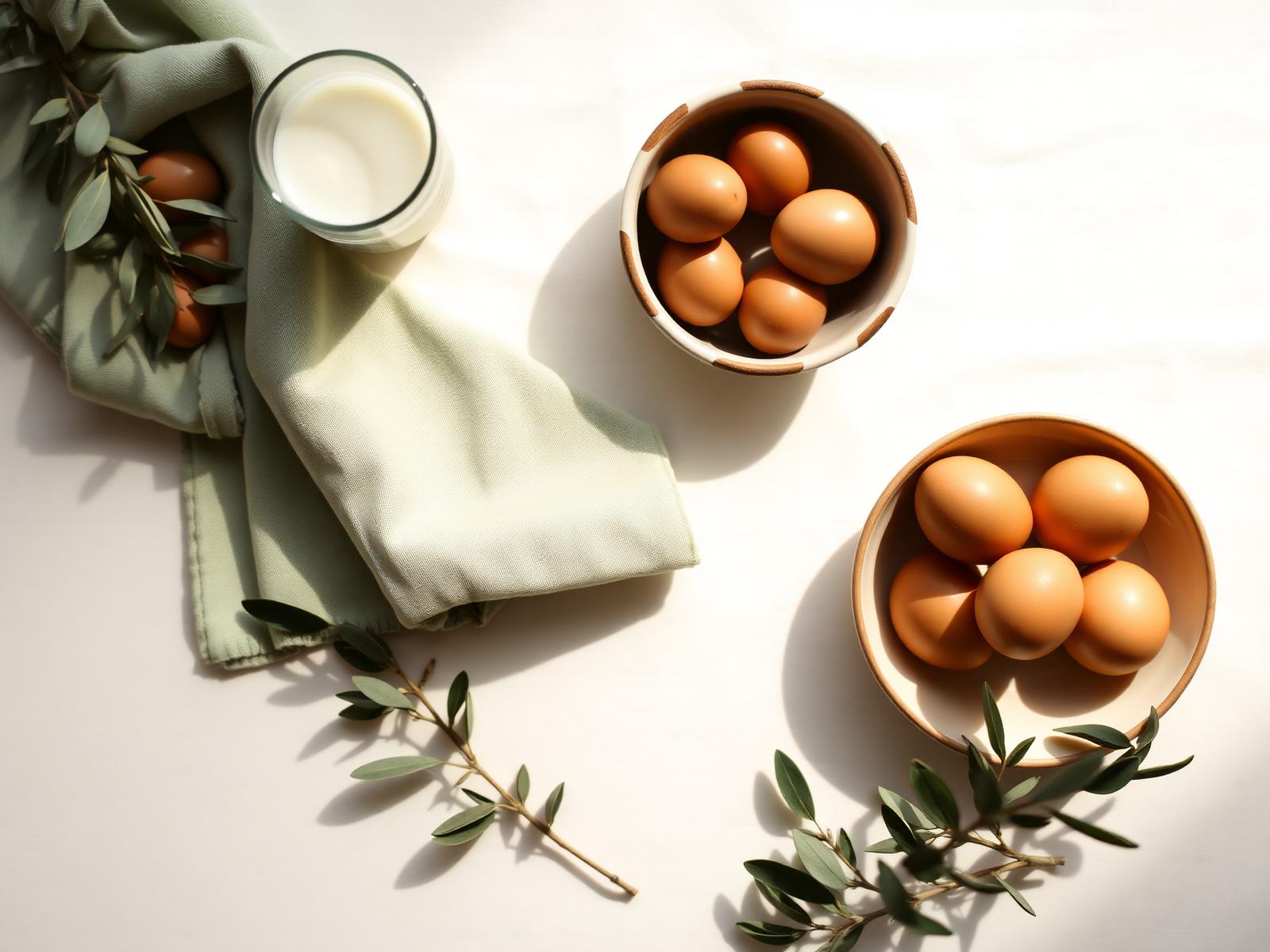 Eiwitrijke ingrediënten: eieren, melk en olijftakken op een cremekleurige achtergrond